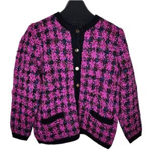 Vintage 80s Peruvian Connection Preppy Cardigan Sweater Womens S Purple Check Br